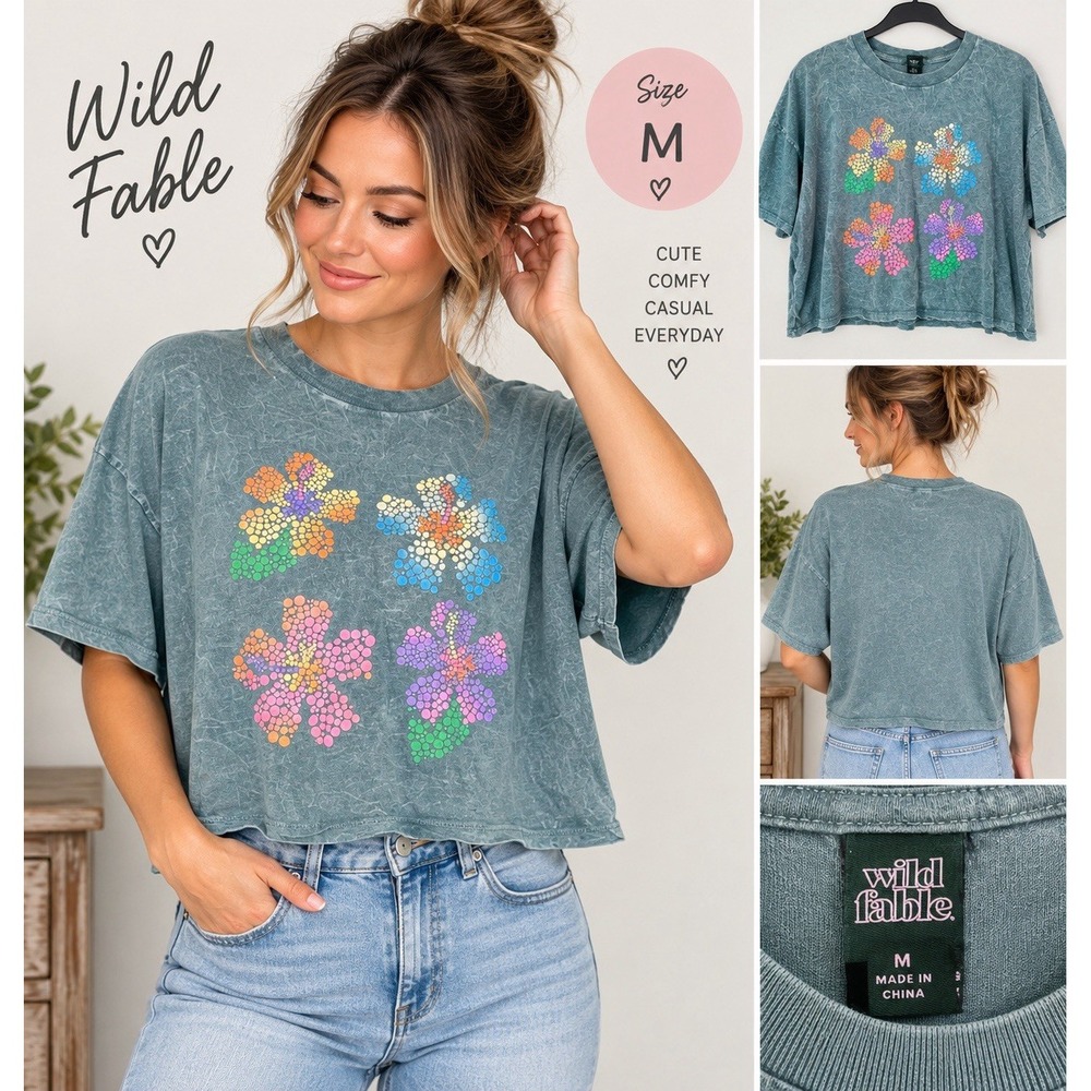 Wild Fable Women’s Cropped Graphic T-Shirt Size M Blue Floral Rhinestone Wash